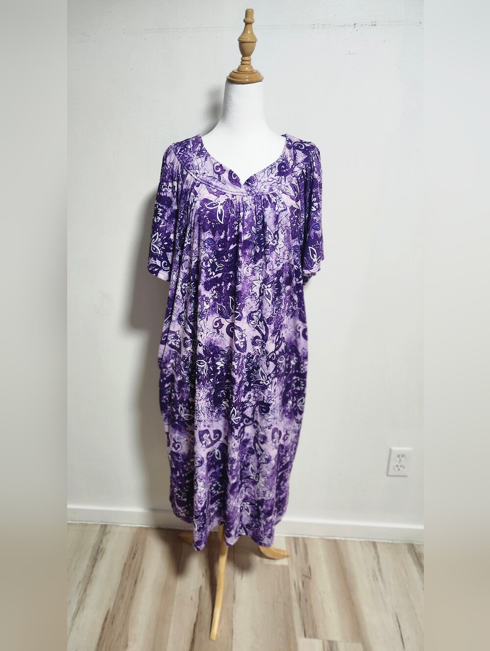Ekouaer Purple Floral Printed Caftan Dress With Pockets.